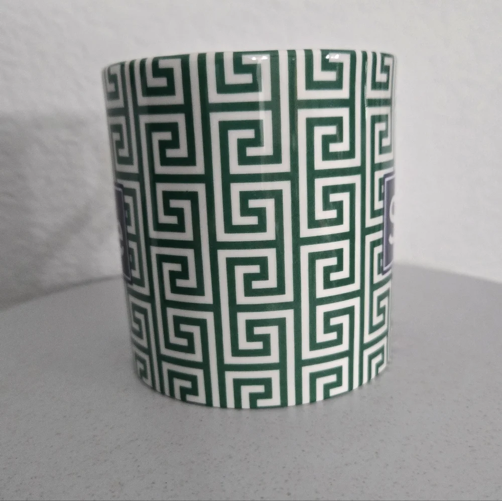 Jonathan Adler Slate Greek Key Pattern and Racing Stripe Coffee Mug Tea Cup